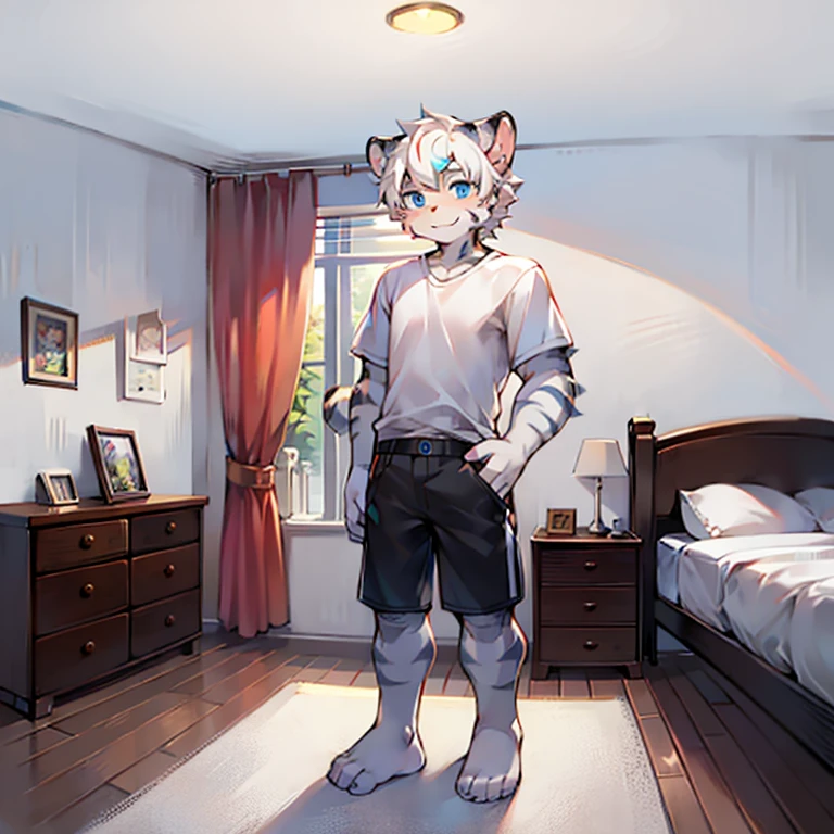 ager, Short white hair, ear, Lower Body, bedroom,Standing,立正posture,hairy, White hair everywhere, White hair everywhere, White Tiger, Tiger Tail, masterpiece, High quality portrait, Humanoid, youth style, posture, panoramic, White Tiger型, White short sleeve, Black shorts, super Handsome face, Handsome, Tiger Youth, blue eyes, White Tiger, white ear, barefoot