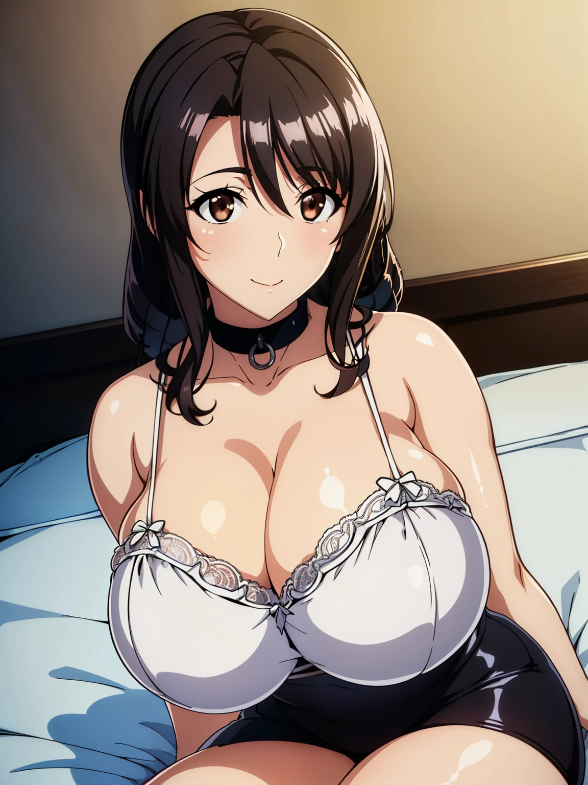 (超High resolution,4K,Very detailed, photograph, 8K, High resolution, High resolution, Absurd:1.2),35-year-old Japanese woman,Mature Body,expensive,(Long black hair:1.4),Beautiful character design,Beautifully detailed eye depiction,Perfect Face,Expressive eyes,Brown eyes,(smile:1.2),(Huge saggy breasts:1.2),(White light lace lingerie:1.1),(White sheer lace panties:1.1),Tight waist,In the bedroom,Daytime,上半身photograph