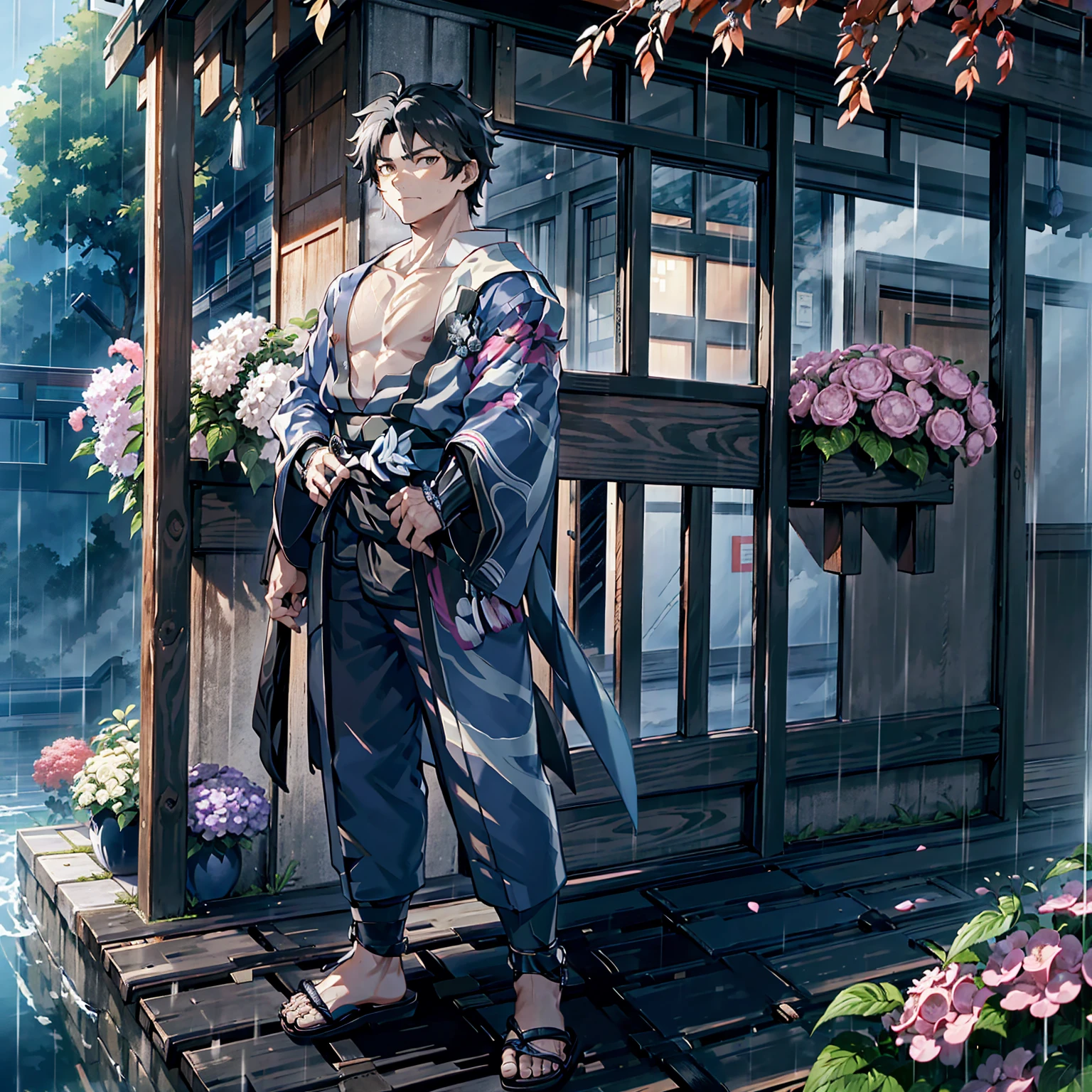 Japanese man, standing alone, full body view, strong young man in late 20s, young man standing in rain, holding Japanese umbrella, surrounded by hydrangea flowers, picturesque Japanese cityscape, anime-like image, high resolution, fantastic atmosphere, facing front, young man standing on right side, strong young man, serious looking young man, black hair, dark blue kimono, black obi, black geta, person on right side, empty on left side standing on right side, young man with serious expression, black hair, dark blue kimono, black obi, black geta, figure to right side, left side open, masculine eyes, toes visible