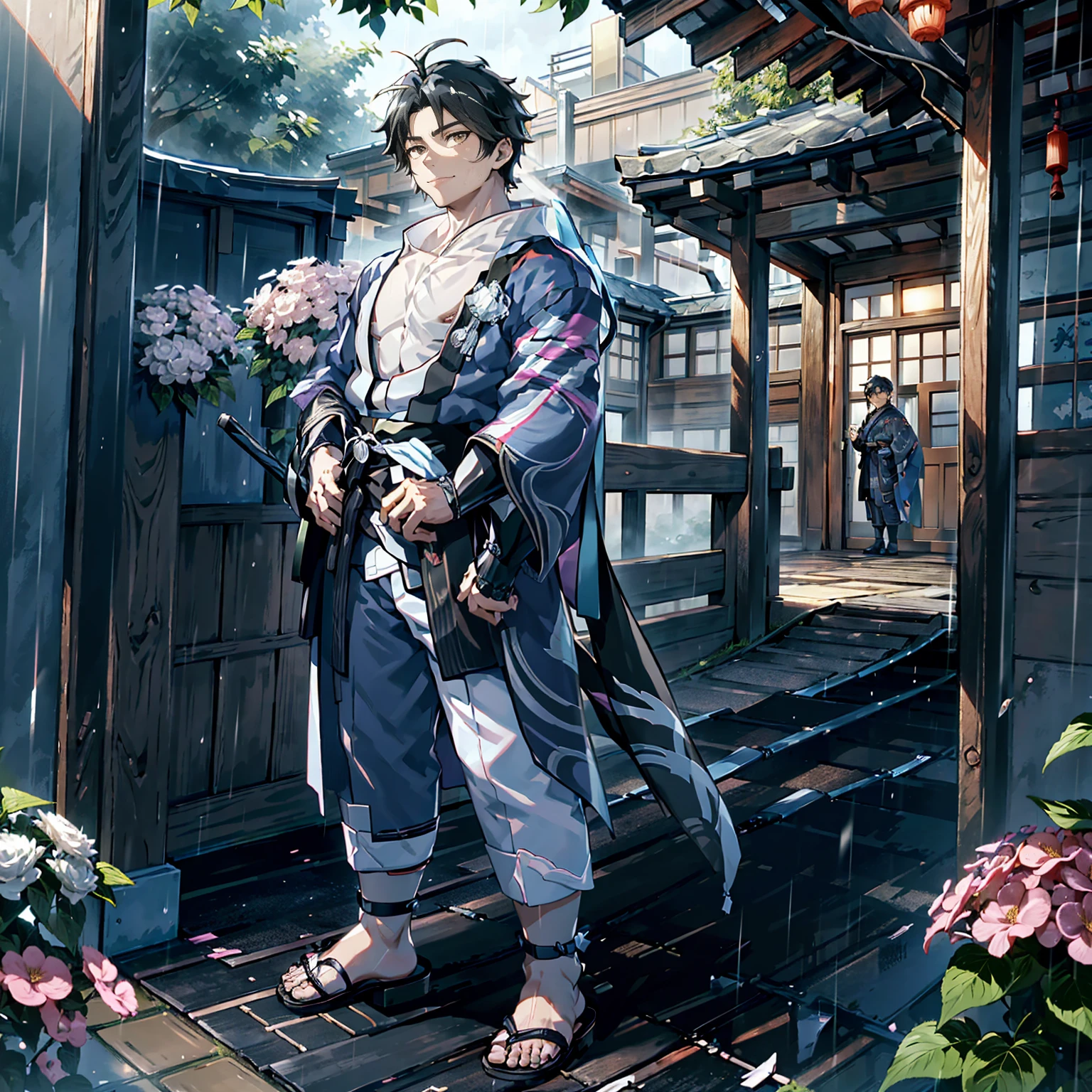 Japanese man, standing alone, full body view, strong young man in late 20s, young man standing in rain, holding Japanese umbrella, surrounded by hydrangea flowers, picturesque Japanese cityscape, anime-like image, high resolution, fantastic atmosphere, facing front, young man standing on right side, strong young man, serious looking young man, black hair, dark blue kimono, black obi, black geta, person on right side, empty on left side standing on right side, young man with serious expression, black hair, dark blue kimono, black obi, black geta, figure to right side, left side open, masculine eyes, toes visible