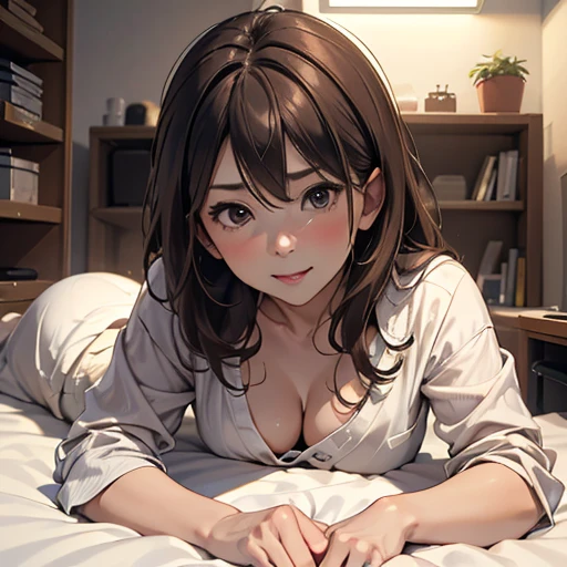((Realistic lighting, best qualtiy, 8k, tmasterpiece:1.3)), 1girl, Beautiful Women with Perfect Figure:1.4, Slim abs:1.1, ((dark brown hair)),（exteriors，during night：1.1），lie down on a bed，Ultra-fine face，Fine eyes，double eyelid，Leaks out the entire delicate breast, 40 years old, Japanese lady, wearing office casual , show whole body from top to legs, , ((realistic))
