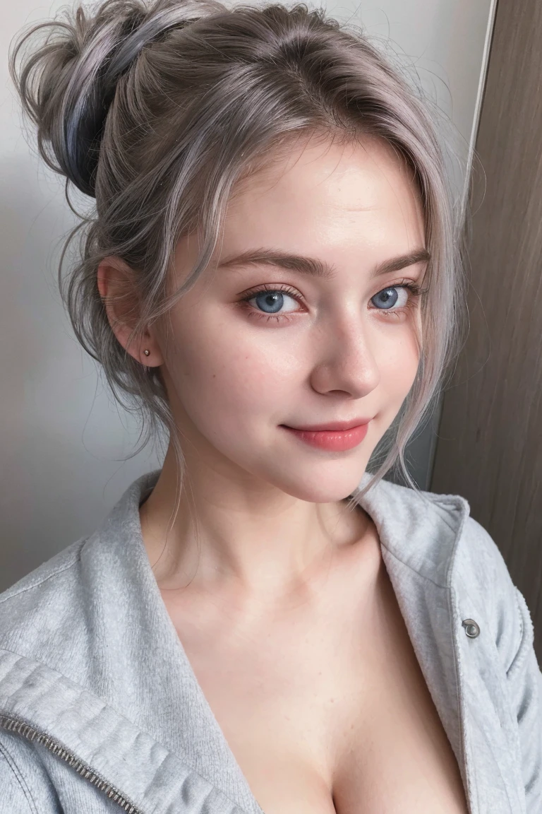 1 Girl, Beautiful, Baby Face, 20 Years Old, White Skin, , naked , Skinny, ,  , standing in The Bathroom,attractive , seductive, , , medium breasts, Grey Hair, Silver messy bun hairstyle, raised up arms, ((adorable:1.1)), ((masterpiece:1.1)), Sleepy Cute Face, grey hair,silver messy hairstyle, blue eyes, attractive, seductive, dynamic angle, soft laughter, (Shoulder off outer Jacket),  (8k, RAW photo, best quality, masterpiece: 1.2), (realistic, realistic: 1.37),  ,(((masterpiece))),(best quality),solo, extremely detailed, detailed face,(full body:1.2), the portrait is centered,(close-up:1.4),upper body,(from above:1.4),(wide-angle lens:1.2), looking at viewer,