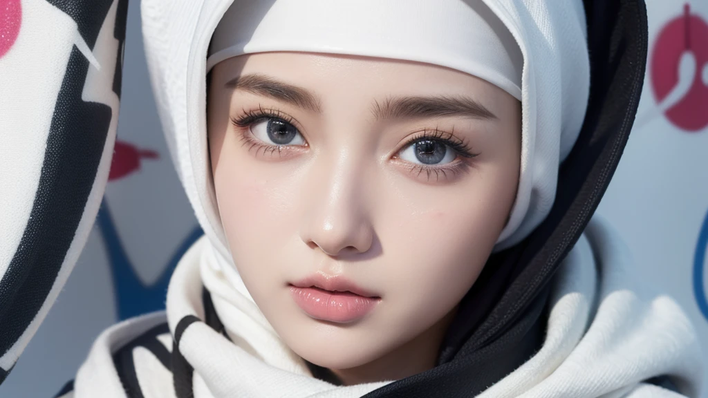 1girl, solo, pretty face, eyelashes, nose, glossy lips, (detailed eyes, looking at viewer, fair skin, white skin: 1.5), smooth skin, wearing hijab, 8k portrait of beauty in hijab, intricate, graceful, highly detailed, majestic, digital photography, hyper realistic, Masterpiece, Best Quality, All parts of the body except the face and hands are covered with clothing, Tudung, ((do not let the hair come out of the hijab)), full hijab, ((all parts of the body covered by clothes except the face)), Best Quality, (graffiti:1.5), paint splatter, jacket, On wall, paint can, looking at viewer, head slanted, clothing color (Wear a hooded military uniform), cyberpunk city