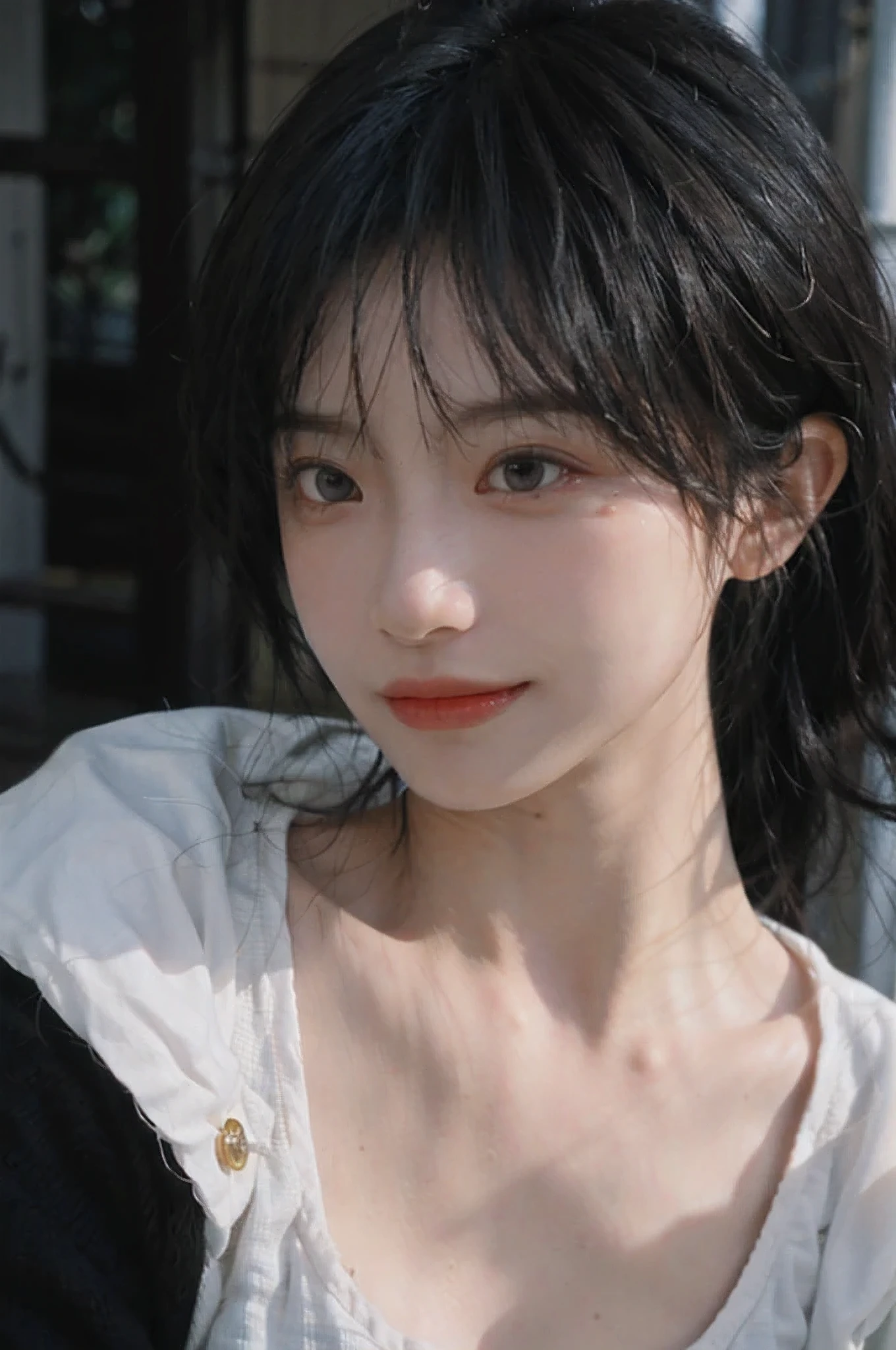 (Skin details:1.4), (smooth skin textures:1.3), Lipstick, background, earrings, Serene, calm, (Realistic and detailed eyes:1.2), Natural skin texture, Realistic facial details, Soft dramatic lighting, Vivid details, 35 mm film, outdoor, (Photo Practical:1.4), (hyper Practical:1.4), (Practical:1.3), (Smoother lighting:1.05), (Improve lighting quality:0.9), (Highest quality real skin textures:1.4), Exquisite eyes, Delicate face, Close-up of face, (Enhance the beauty of skin texture:1.1), Hair details, vest,normal body ratio, short hair, Moles under the eyes, thinking, A faint smile,Park background,Portrait Photography, Depth of Field, bokeh, Surrealism, Ray Tracing, (Portrait Photography:1.1), Surrealism, High Detail, clair obscur, Ray Tracing, reflected light, ultra HD, ultra HD, masterpiece, Textured Skin, Super Detail, High Detail, high quality, best quality