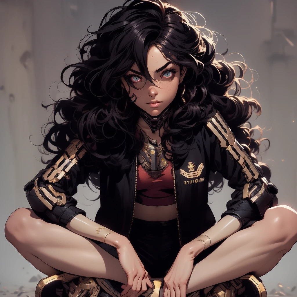 (masterpiece), (best quality), 1girl, detailed hair, cyborg girl, female warrior battle field, stand, (goledn glowing eyes), cyborg armor, golden armor