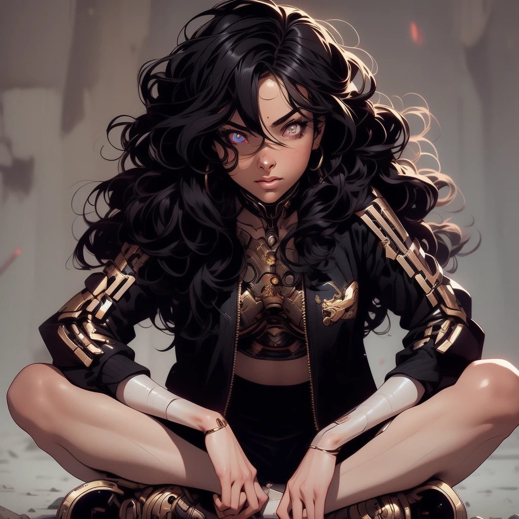 (masterpiece), (best quality), 1girl, detailed hair, cyborg girl, female warrior battle field, stand, (goledn glowing eyes), cyborg armor, golden armor