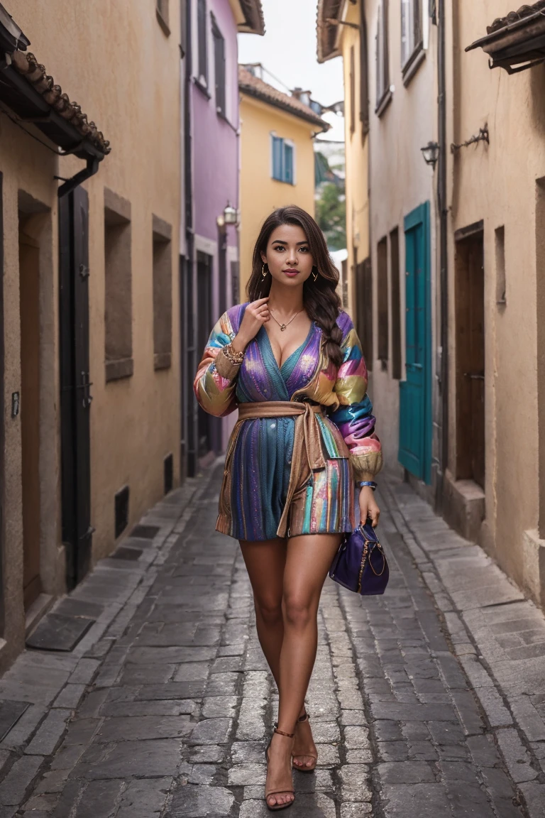 Portrait glamour mi-long hyper realiste, Nikon D850, F1.6 lens, 200mm, digital SLR, 22 megapixels, (((Colorful alley in the old town))), photo d'a stunning 20 year old portuguese girl, (ssmile:1.4), (wearing a Celadon puffer jacket with electric purple cargo pants and a wool sweater:1.6), ((seductive pose)), fille chaude, (((big natural tits))), (((brown hair in ponytail))), (), symmetrical face, photorealistic, la photographie, (bright natural lighting), magnificent, deep neckline, (head of'artwork), best quality, high resolution, extremely detailed, Cinematic lighting, (((very narrow waist))), rich colors, hyper realistic, realistic texture, ((jewels)), (((Elle a de belles mains et porte des bagues))), (Bracelet), (neckleace), (anklet), (nail polish) (loops of'ears), Fuji Superia 200, 8K