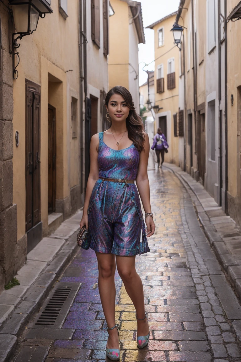 Portrait glamour mi-long hyper realiste, Nikon D850, F1.6 lens, 200mm, digital SLR, 22 megapixels, (((Colorful alley in the old town))), photo d&#39;a stunning 20 year old portuguese girl, (ssmile:1.4), (wearing a Celadon puffer jacket with electric purple cargo pants and a wool sweater:1.6), ((seductive pose)), fille chaude, (((big natural tits))), (((brown hair in ponytail))), (petite fille), symmetrical face, photorealistic, la photographie, (bright natural lighting), magnificent, deep neckline, (head of&#39;artwork), best quality, high resolution, extremely detailed, Cinematic lighting, (((very narrow waist))), rich colors, hyper realistic, realistic texture, ((jewels)), (((Elle a de belles mains et porte des bagues))), (Bracelet), (neckleace), (anklet), (nail polish) (loops of&#39;ears), Fuji Superia 200, 8K
