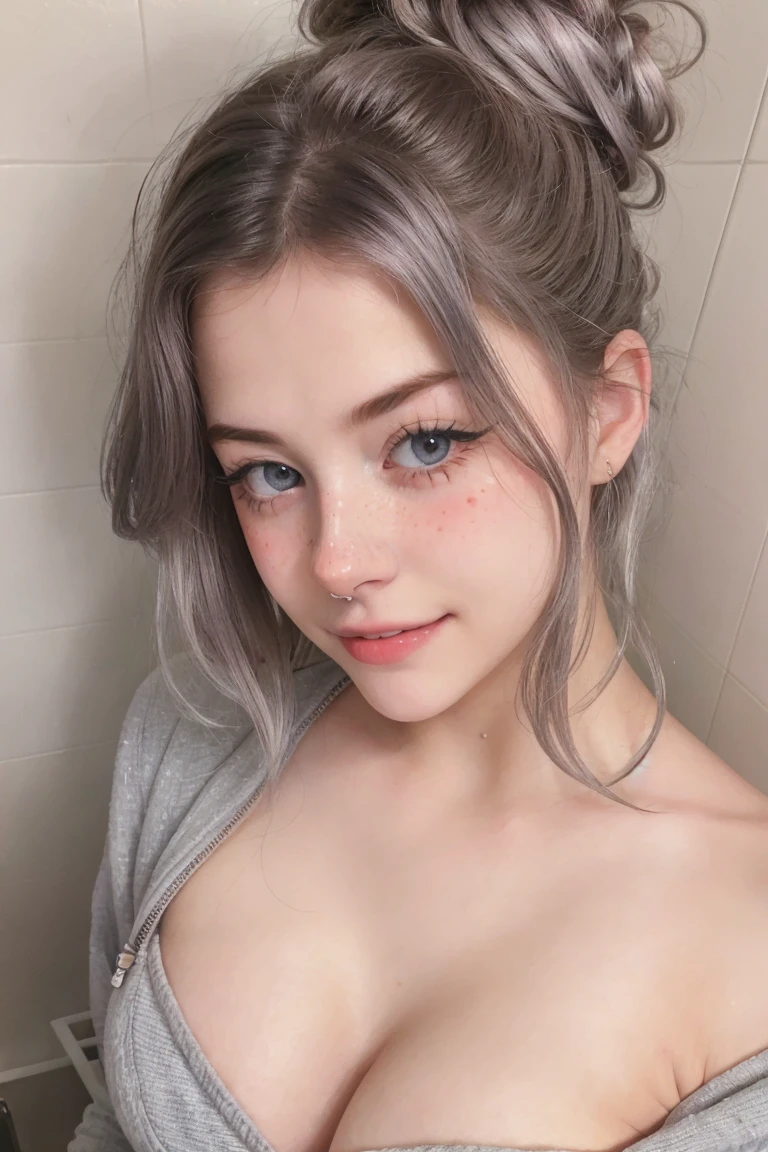 1 Girl, Beautiful, Baby Face, 20 Years Old, White Skin, , naked , Skinny, , , standing in The Bathroom,attractive , seductive, , , medium breasts, Grey Hair, Silver messy bun hairstyle, raised up arms, ((adorable:1.1)), ((masterpiece:1.1)), Sleepy Cute Face, grey hair,silver messy hairstyle, blue eyes, attractive, seductive, dynamic angle, soft laughter, (Shoulder off outer Jacket), (8k, RAW photo, best quality, masterpiece: 1.2), (realistic, realistic: 1.37), ,(((masterpiece))),(best quality),solo, extremely detailed, detailed face,(full body:1.2), the portrait is centered,(close-up:1.4),upper body,(from above:1.4),(wide-angle lens:1.2), looking at viewer,