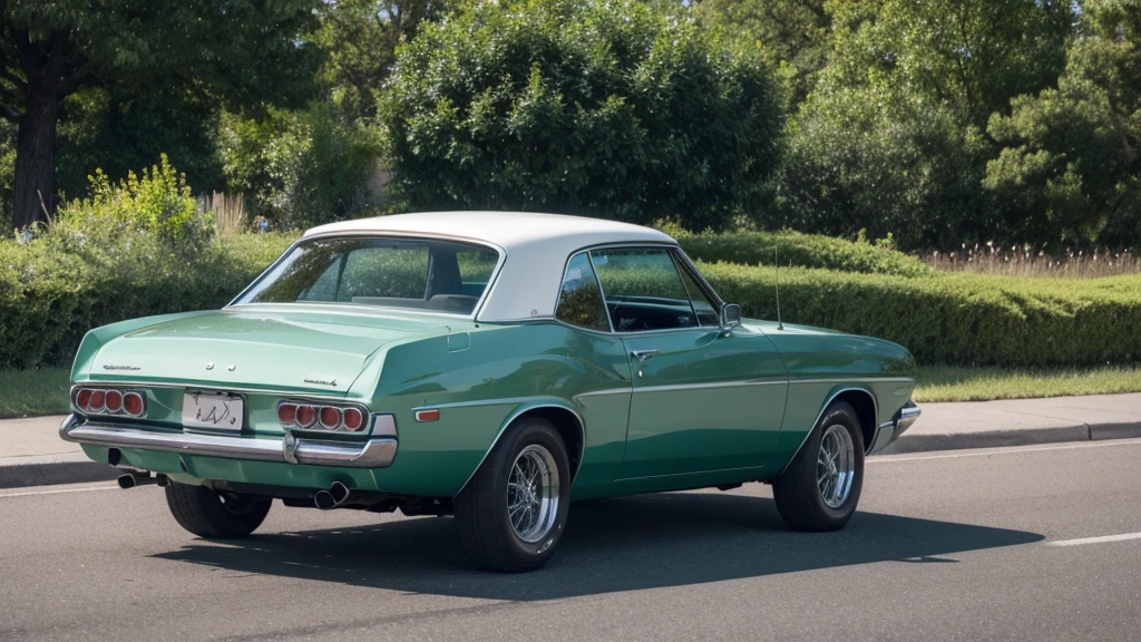 A handsome car is running on the clean highway，Car exhaust emits green bubbles and green leaves