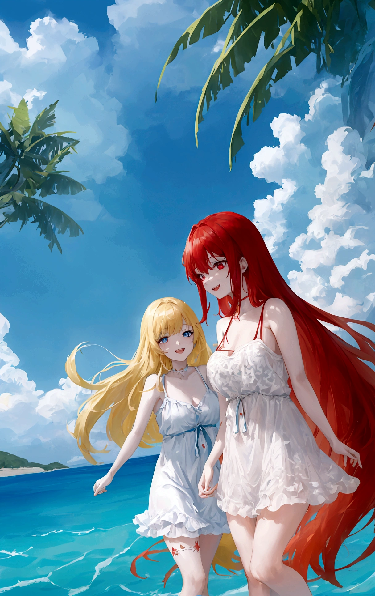 two women on the beach which has clear blue water, bright shining skies. . The first woman has long black hair and red eyes and wears a light red beach dress, while the second woman has long blonde hair and blue eyes and wears a light blue beach dress.they were both playing in the water and smiling brightly.