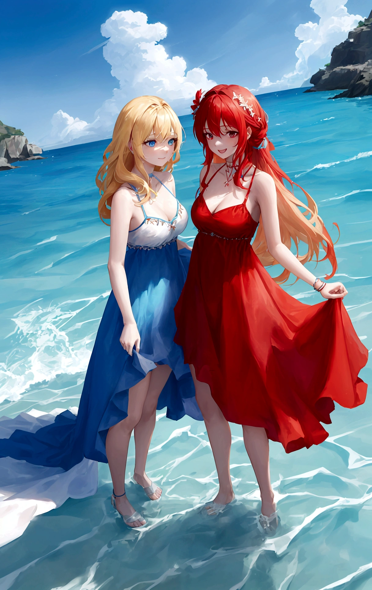 two women on the beach which has clear blue water, bright shining skies. . The first woman has long black hair and red eyes and wears a light red beach dress, while the second woman has long blonde hair and blue eyes and wears a light blue beach dress.they were both playing in the water and smiling brightly. 