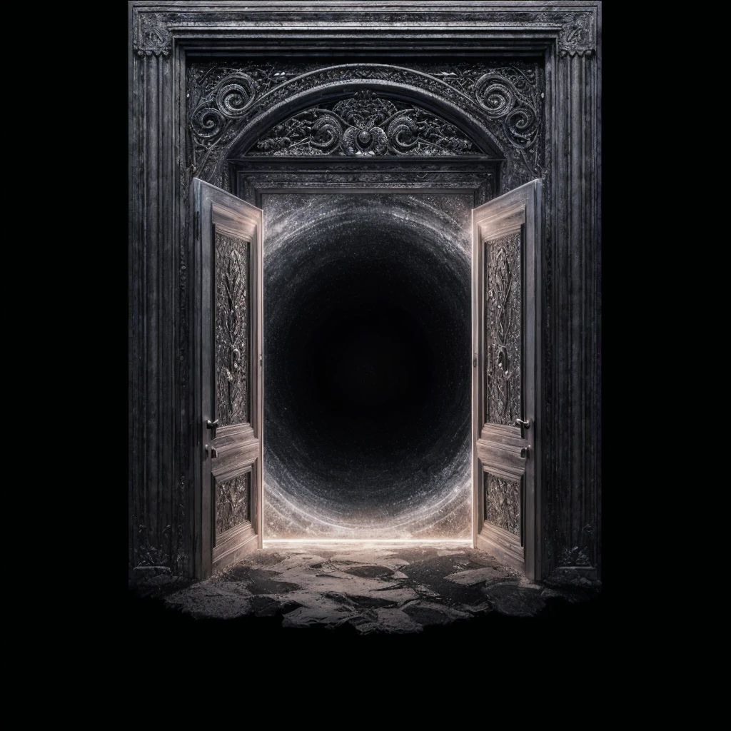 Very real image. Door to a black abyss. Photorealism, full view, highly detailed image, very realistic, hyperrealism, Ultra HD, 8k, 5, sharp focus, intricate and mysterious masterpiece. (Long exposure photography Very detailed close-up portrait artistic illustration: final quality, medium shot, backlight, Rich and striking. Enigmatic and mysterious manipulations (composition of the rule of thirds), ((detailed environment with strong lines) The best quality, in camera, white light, warm and clean aesthetics, dazzling screen composed of millions of brilliant ultraviolet rays, HDR.