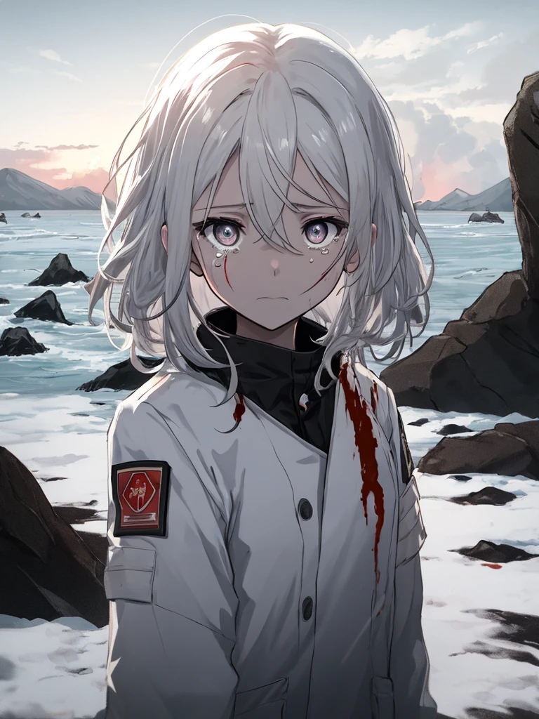 masterpiece:1.2), best quality , 独奏 ,pixiv, anime girl ,long straight white hair , black eyes ,Wearing off-white camouflage uniform ,ten years old,modern battlefield,(Eyes looking into the distance:1.3),(look away:1.5),snowy weather,dirty face,The background is a sea of fire with blood on the forehead,dirty face,Backlight,Bare rocky peaks ,Fierce flames are burning,The expression is sad,bullets flying,leave tears