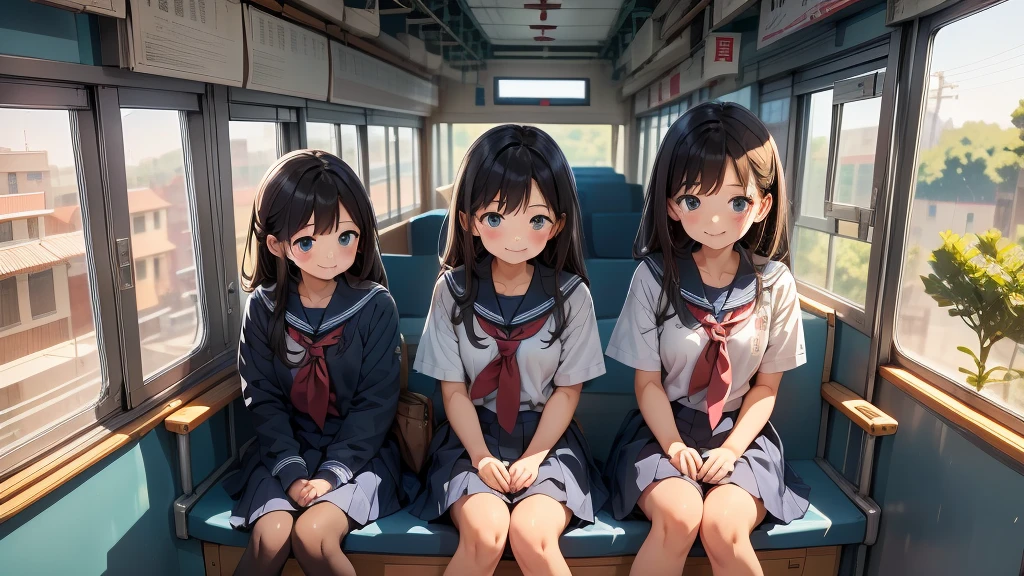 Highest quality、masterpiece、Train window、high school girl、cute、Beauty、On the way to school、Looking out the window、Commuting by train、Large window frame、Show the outside view