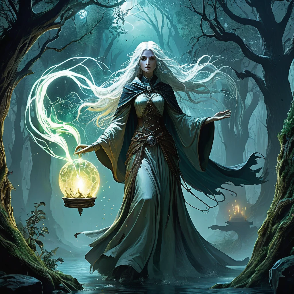 a white-haired old witch known to the villagers only as Ylva the Seer. Her hair, like freshly fallen snow, cascades in unruly waves down her stooped back, framing a face weathered by the passage of countless seasons yet bearing eyes that gleam with an otherworldly wisdom.
Ylva's cottage, nestled amidst the tangled roots of a colossal oak tree whose branches stretch towards the heavens, is a sanctuary of arcane knowledge and mystical artifacts. Within its shadowy confines, shelves overflow with jars of rare herbs, spellbooks bound in leather that creak with age, and cauldrons bubbling with mysterious brews that shimmer like liquid moonlight.
Drawn by tales of her prophetic visions and her mastery of ancient lore, a young apprentice or a weary traveler seeks Ylva's counsel. Their arrival coincides with a dark omen—a celestial convergence that foretells of impending doom or an ancient curse awakened from its slumber by the greed of mortal men.
As Ylva imparts cryptic guidance and sets the apprentice or traveler on a quest that will test their courage and unravel the mysteries of the Mistwood Forest, they encounter spectral guardians and treacherous beings that lurk in the shadows. They must navigate alliances forged in shadowy corners of the realm and decipher prophecies that speak of a reckoning that will reshape the very fabric of their world.
In a realm where magic pulses through every leaf and shadow, Ylva's wisdom becomes a beacon of hope amidst encroaching darkness. Together with the apprentice or traveler, she confronts her own haunted past and confronts the forces that threaten to unleash chaos upon the Mistwood Forest.