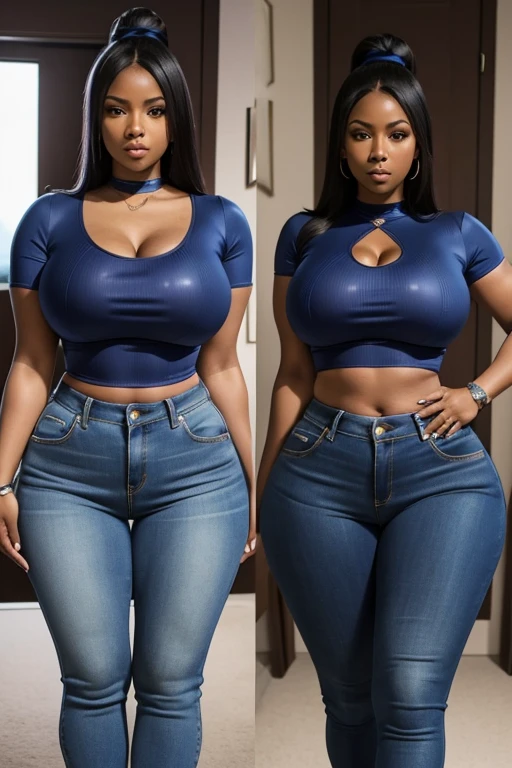 Samus aran in tight jeans and a blue top is posing for a picture, instagram, tachisme, thicc, african domme mistress, skinny waist and thick hips, thick thighs, tight outfit, tight attire, insanely inflated hips, thick, thick thigs, nicki minaj curvy, wearing tight simple clothes, cleavage