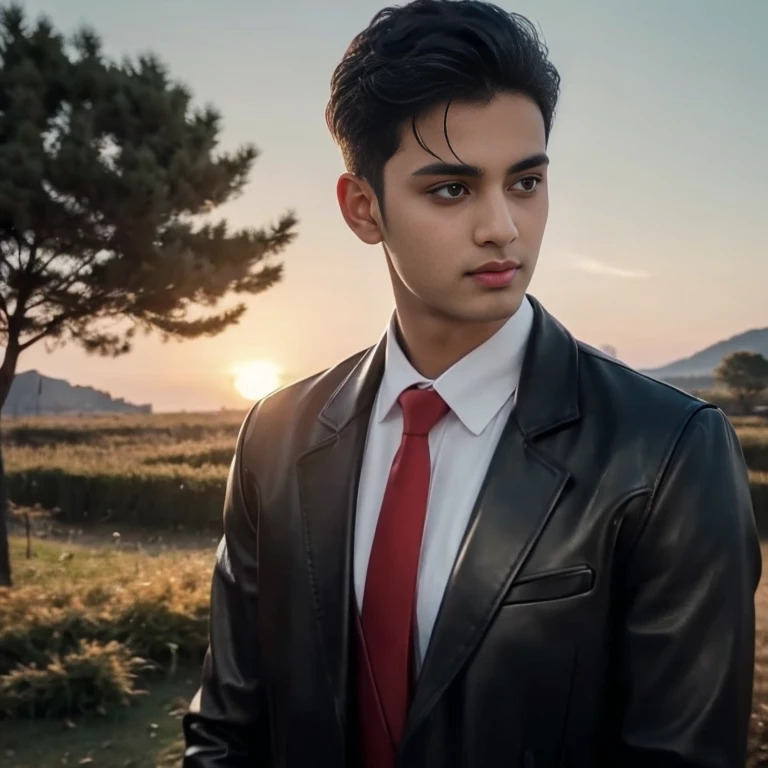 Aarav looks at the camera, perfect has a round face, A well-maintained model, handsome face,Close-up of a man wearing a black leather jacket., Southeast Asians with round faces, 3-D profile picture, 8K, 45,000,000 pixcls, realistic light colors