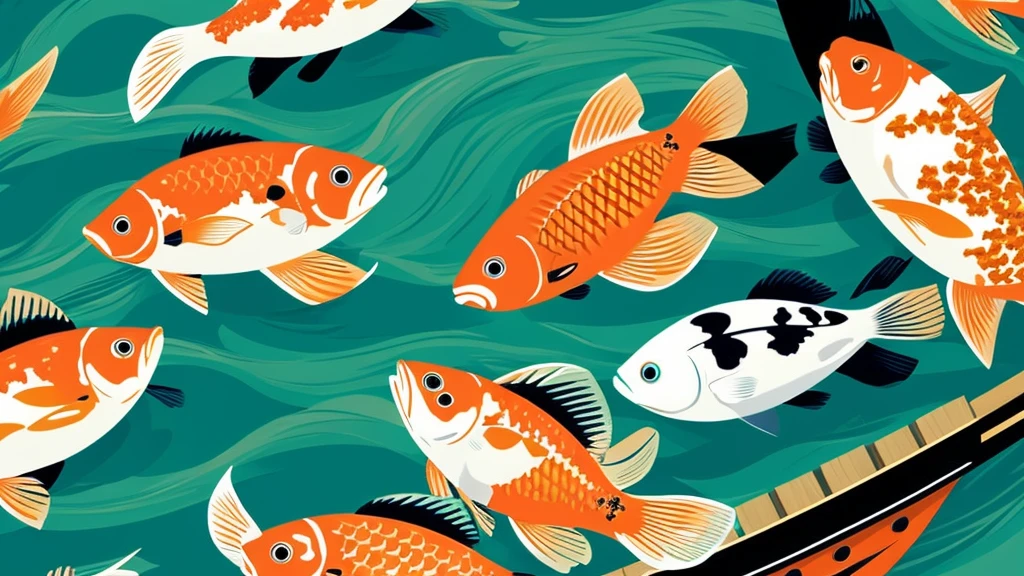 The image is a digital illustration by artist Tran Nguyen featuring a whimsical and vibrant art style. It shows a top-down view of a small rowboat with a person holding oars. The boat is surrounded by three large koi fish with vivid white, orange, and black patterns, swimming in green waters. The background consists of lush green lily pads floating on the surface, adding to the serene and nature-infused atmosphere. The composition creates a circular motion, with the koi fish forming dynamic patterns around the boat, evoking a sense of calm and curiosity. The artwork captures a magical and peaceful moment in nature.