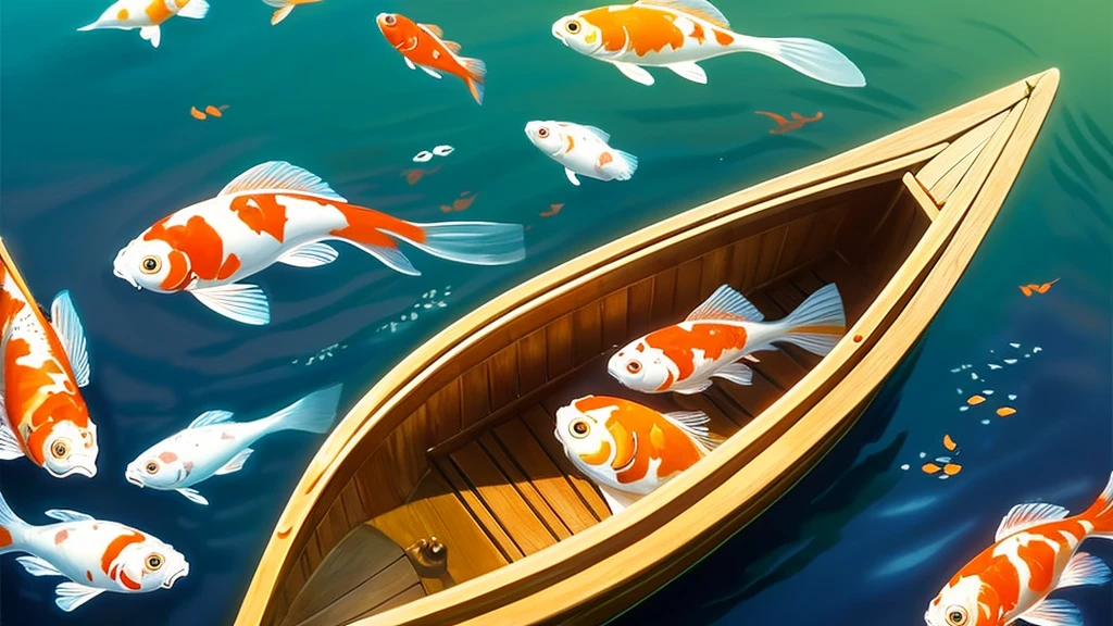 The image is a digital illustration by artist Tran Nguyen featuring a whimsical and vibrant art style. It shows a top-down view of a small rowboat with a person holding oars. The boat is surrounded by three large koi fish with vivid white, orange, and black patterns, swimming in green waters. The background consists of lush green lily pads floating on the surface, adding to the serene and nature-infused atmosphere. The composition creates a circular motion, with the koi fish forming dynamic patterns around the boat, evoking a sense of calm and curiosity. The artwork captures a magical and peaceful moment in nature.