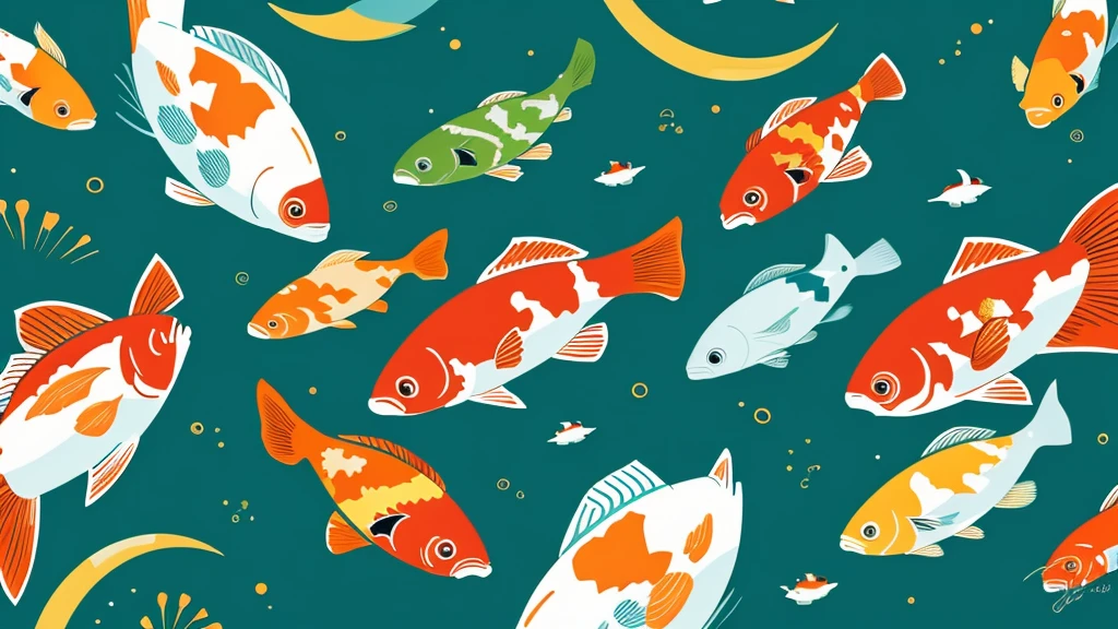 The image is a digital illustration by artist Tran Nguyen featuring a whimsical and vibrant art style. It shows a top-down view of a small rowboat with a person holding oars. The boat is surrounded by three large koi fish with vivid white, orange, and black patterns, swimming in green waters. The background consists of lush green lily pads floating on the surface, adding to the serene and nature-infused atmosphere. The composition creates a circular motion, with the koi fish forming dynamic patterns around the boat, evoking a sense of calm and curiosity. The artwork captures a magical and peaceful moment in nature.