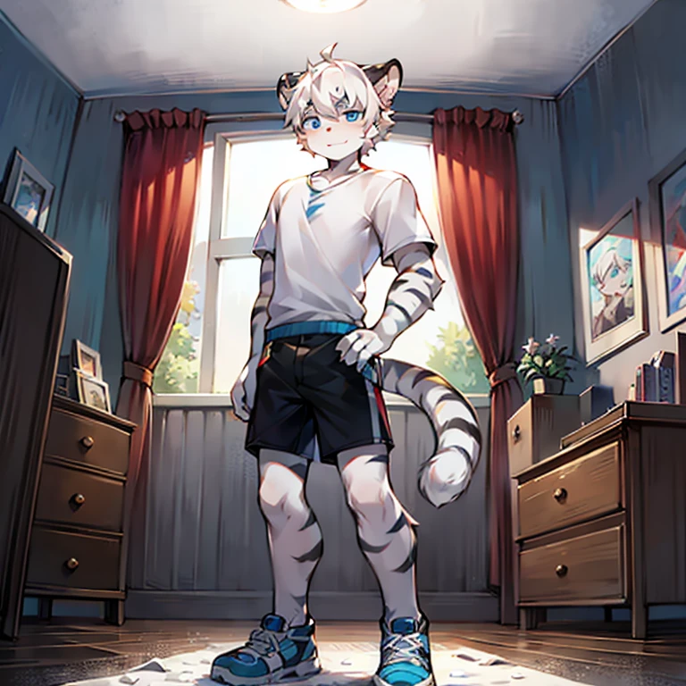 ager, Short white hair, ear, Lower Body, bedroom,Standing,hairy, White hair everywhere, White hair everywhere, White Tiger, Tiger Tail, masterpiece, High quality portrait, Humanoid, youth style, posture, panoramic, White Tiger型, White short sleeve, Black shorts, super Handsome face, Handsome, Tiger Youth, blue eyes, White Tiger, white ear, Wearing sneakers