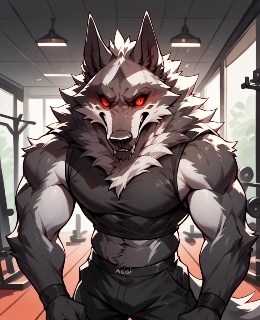 A dark gray furred werewolf with red eyes in a gym 