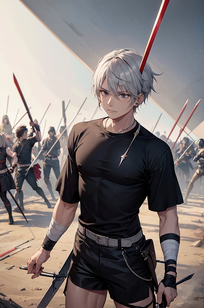 Bandaged man, head and all parts of the body are bandaged, in clothes: black T-shirt, gray shorts, pierced by thousands of arrows and swords, on the battlefield