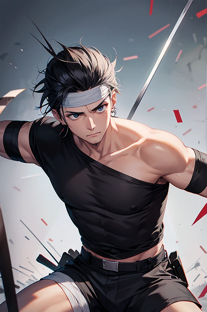 Bandaged man, head and all parts of the body are bandaged, in clothes: black T-shirt, gray shorts, pierced by thousands of arrows and swords, on the battlefield