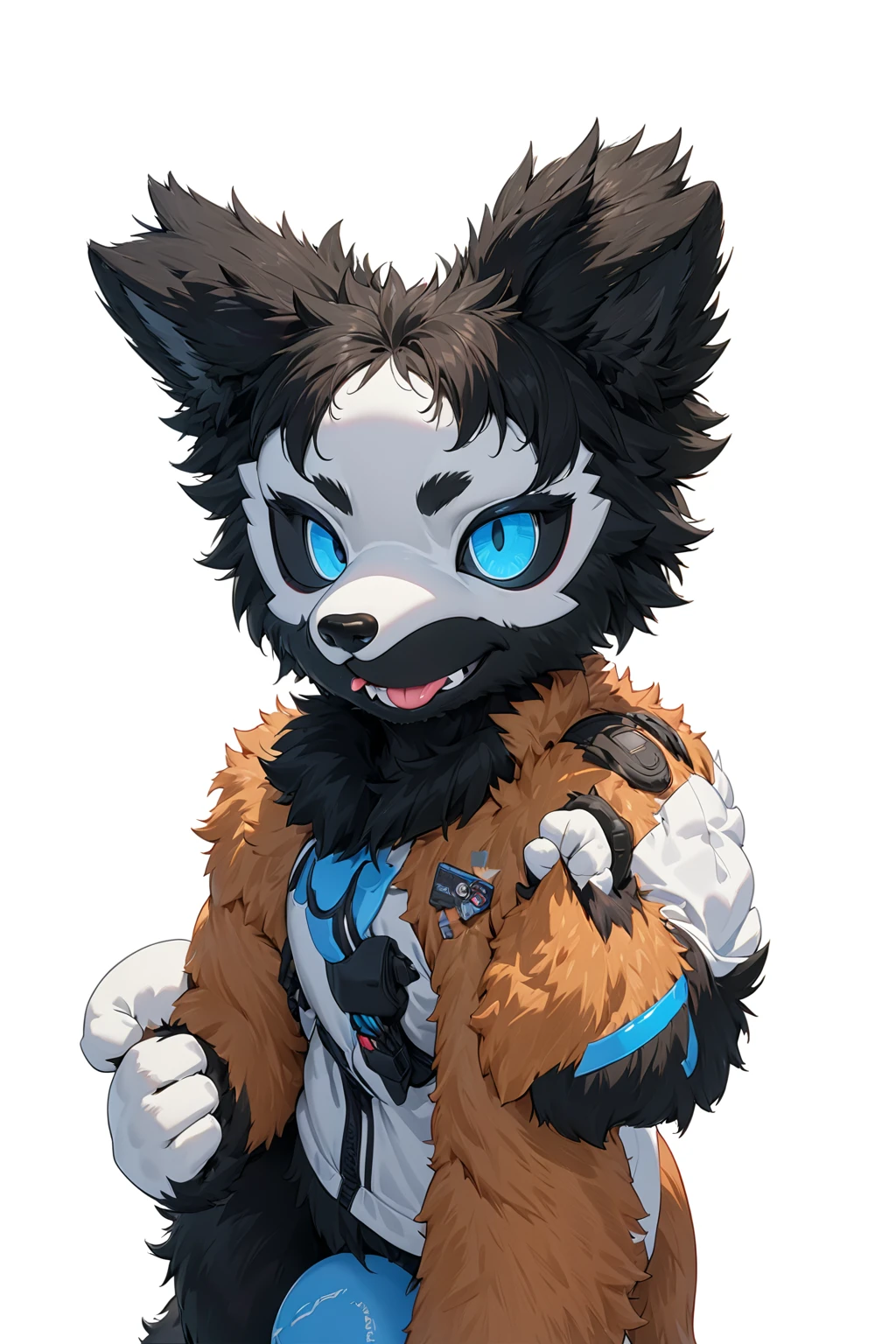 Black hair, Dark Skin, White Mask ,furry,make a fist, Pink tongue, Black nose, Black broken corner, fur garment, fur garment!!!!, hairy character, Full body mascot, hyena, SFW, macro hairy, hairy fursona, hairy, the hairy fur garment is running, Anthropomorphic coyote male, An anthropomorphic cyberpunk fox, hairy mawshot, hairy furaffinity, 8K, super detail, uhd, masterpiece, anatomically correct, ccurate, super detail, high details, high quality, best quality, highres, 16K