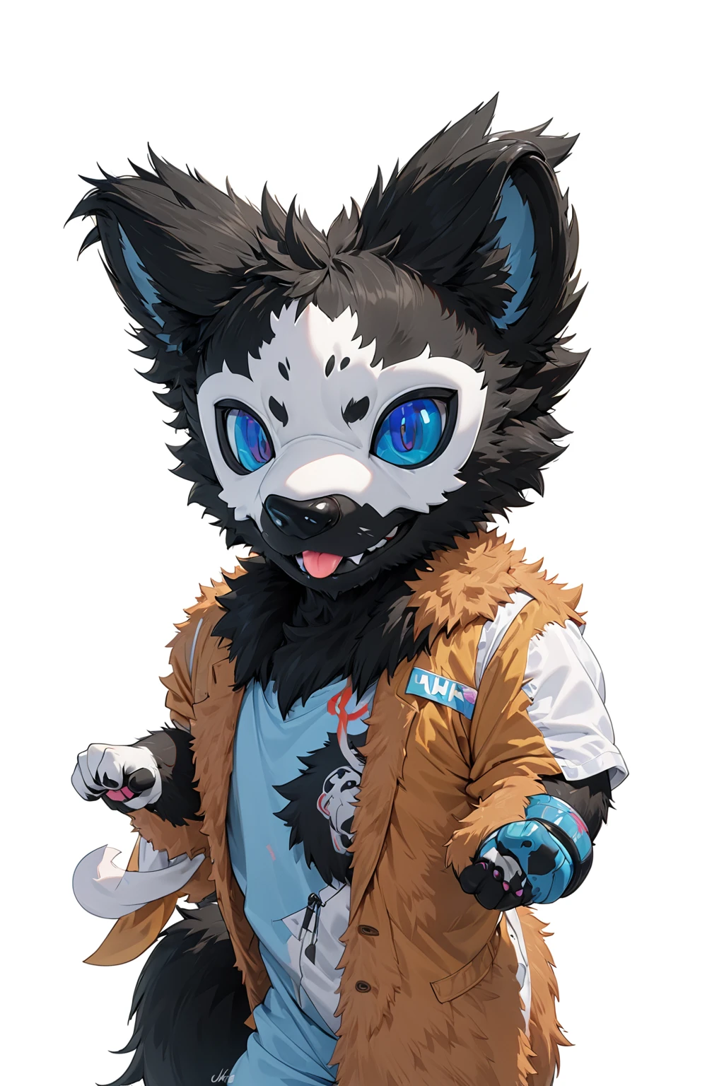 Black hair, Dark Skin, White Mask ,furry,make a fist, Pink tongue, Black nose, Black broken corner, fur garment, fur garment!!!!, hairy character, Full body mascot, hyena, SFW, macro hairy, hairy fursona, hairy, the hairy fur garment is running, Anthropomorphic coyote male, An anthropomorphic cyberpunk fox, hairy mawshot, hairy furaffinity, 8K, super detail, uhd, masterpiece, anatomically correct, ccurate, super detail, high details, high quality, best quality, highres, 16K