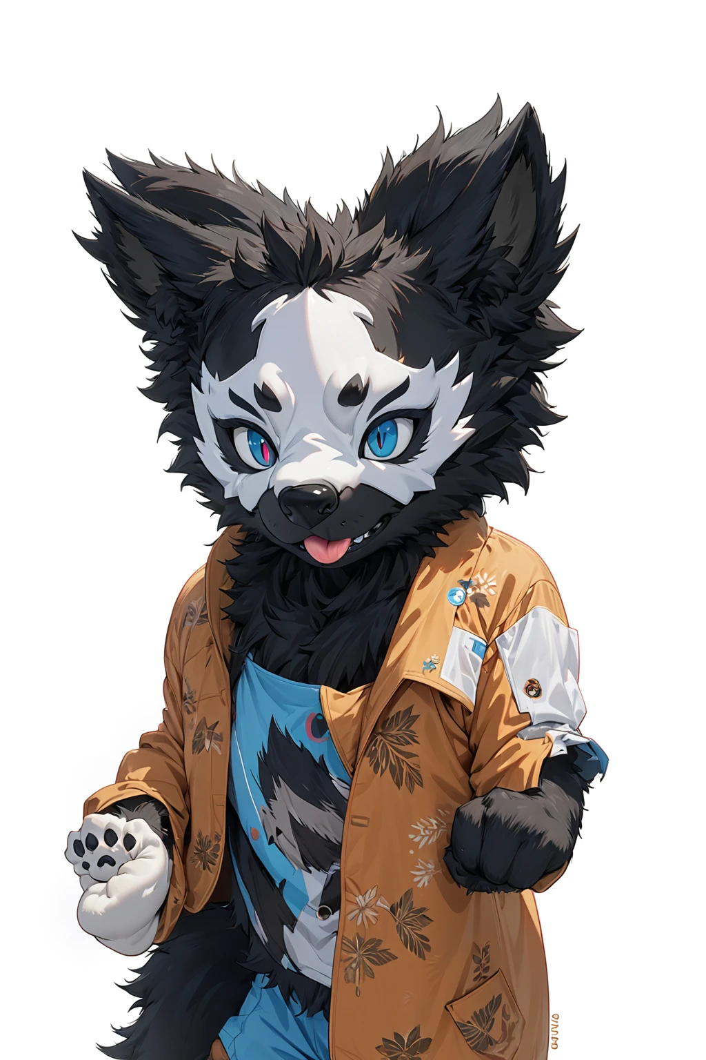 Black hair, Dark Skin, White Mask ,furry,make a fist, Pink tongue, Black nose, Black broken corner, fur garment, fur garment!!!!, hairy character, Full body mascot, hyena, SFW, macro hairy, hairy fursona, hairy, the hairy fur garment is running, Anthropomorphic coyote male, An anthropomorphic cyberpunk fox, hairy mawshot, hairy furaffinity, 8K, super detail, uhd, masterpiece, anatomically correct, ccurate, super detail, high details, high quality, best quality, highres, 16K