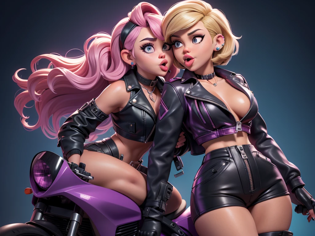 obra prima, melhor qualidade, ((miley cyrus, tan skin, wavy bob hair, sticking tongue out,)) head back, (sassy wicked sultry sneer, big teeth smile,) open mouth, pucker mouth, shiny periwinkle lipstick, sunglasses, ((thick smoky black eye shadow, long fake eyelashes, sticking tongue out,)) (cerulean blue leather jacket with puff shoulder,) biker jacket has stiff collar, leather blouse, ((magenta pvc shorts, pockets, unzipped front,)) studs zippers snaps, shiny leather gloves, nip slip, body is skinny, laying down hugging each other on sofa, shiny tight buttocks, arched back, mashing breasts, ((passionate kissing, pelvis grinding,)) camera view of whole body, looking up at me, shallow depth of field, highres, HD, 8k, anatomically correct
