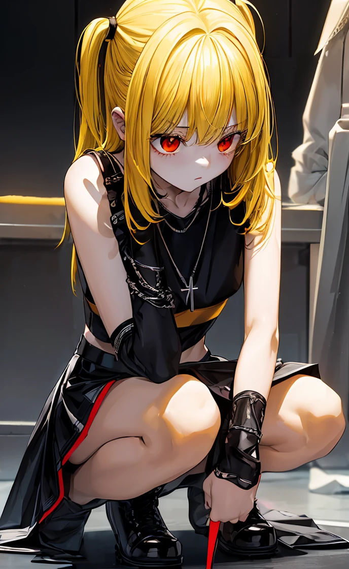 Mass Manager, Stop 4, Long Hair, Swollen eyes:1.7), (Yellow Hair:1.5), Blunt bangs, (Both sides face down:1.5), Red lips, lipstick, alone, One girl,大きな胸
break thighhighs, dress, jewelry, clavicle, boots, Removable sleeves, choker, necklace, Black footwear, Black crop top, Garter Straps, Black Box, cross, Red nails, cross necklace,White panties、Panties are in full view、レースのWhite panties、Micro Mini Skirt、Twist the skirt yourself、
break looking at viewer,
break indoors,
break (masterpiece:1.2), Highest quality, High resolution, unity 8k wallpaper, (figure:0.8), (Beautiful attention to detail:1.6), Highly detailed face, Perfect lighting, Highly detailed CG, (Perfect hands, Perfect Anatomy), (((Red eyes)))