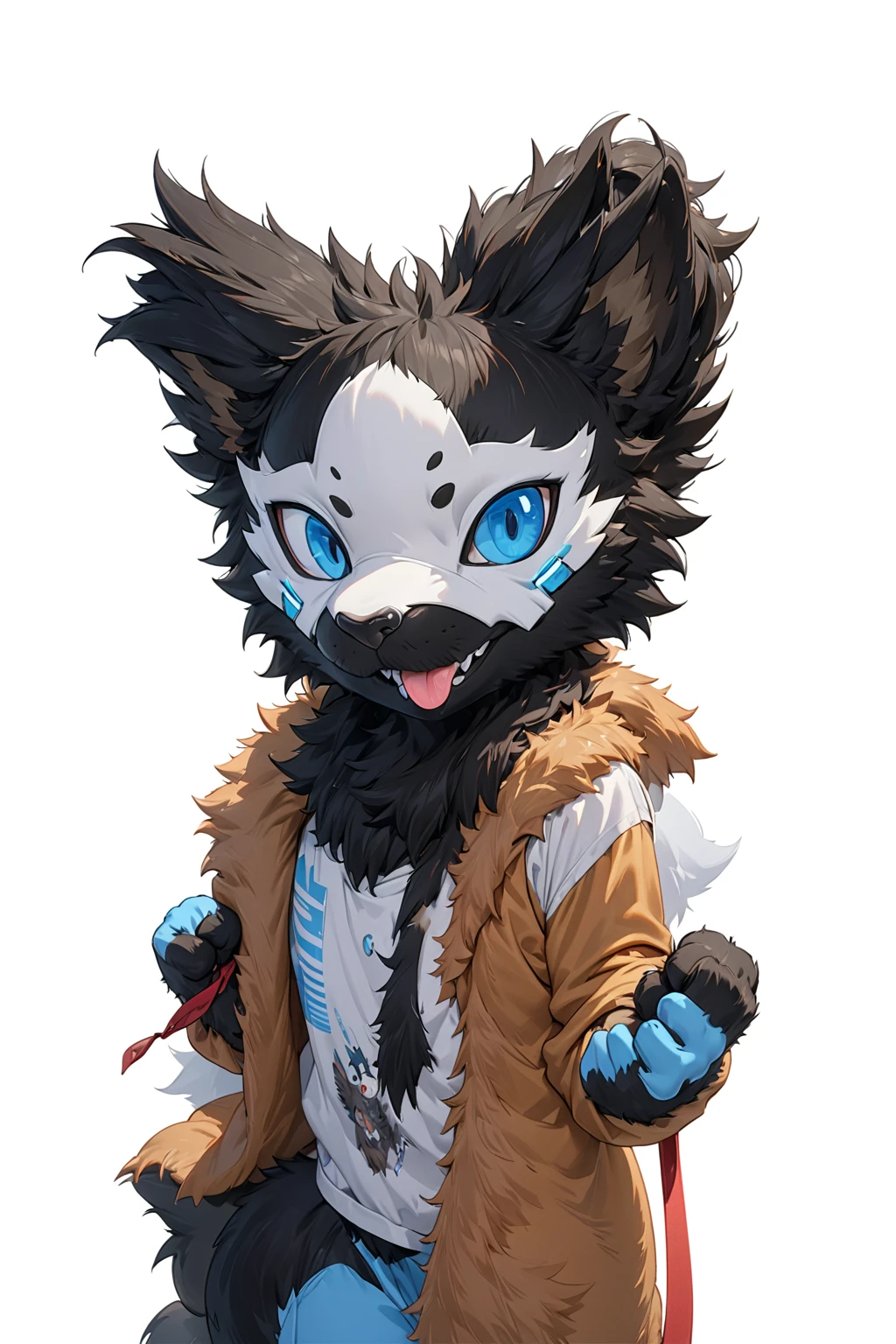 Black hair, Dark Skin, White Mask ,furry,make a fist, Pink tongue, Black nose, Black broken corner, fur garment, fur garment!!!!, hairy character, Full body mascot, hyena, SFW, macro hairy, hairy fursona, hairy, the hairy fur garment is running, Anthropomorphic coyote male, An anthropomorphic cyberpunk fox, hairy mawshot, hairy furaffinity, 8K, super detail, uhd, masterpiece, anatomically correct, ccurate, super detail, high details, high quality, best quality, highres, 16K