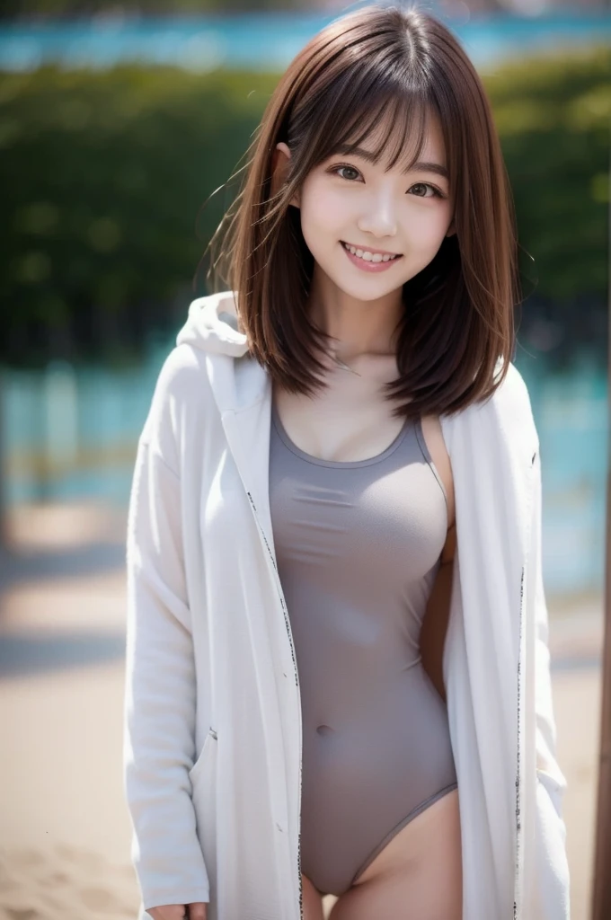 hyper detailed, FHD, woman, standing, looking at viewer, japanese, 20-year-old, smiling, on the beach, cute, undone clothing, swimsuit