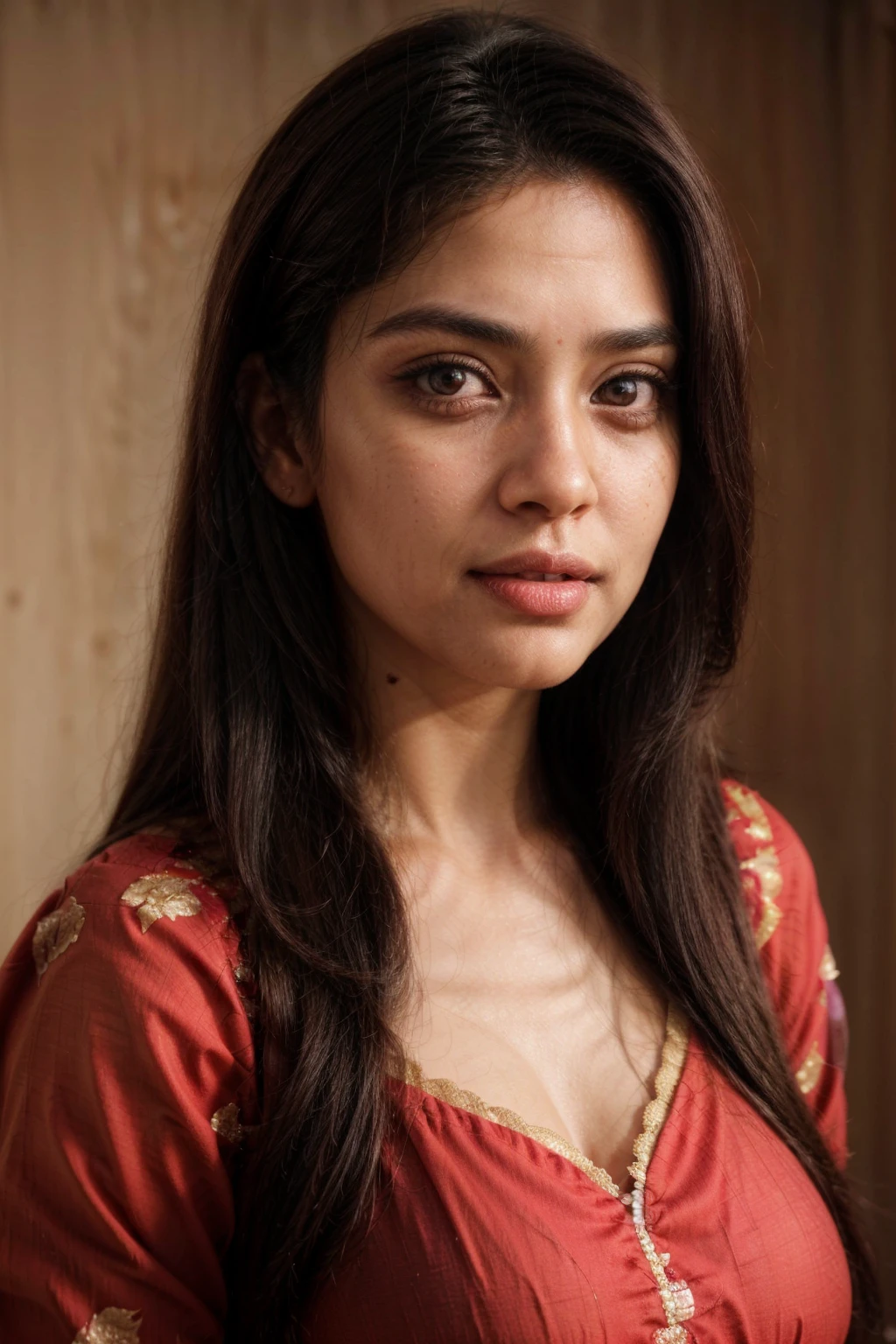 south asian facial features. girl. Should look very beautiful. pretty. Highly detailed and hyper realistic. The skin texture should be highly detailed and extremely accurate. thick black hair and brown eyes. Face must be accurate. Highly detailed face and facial features. Extremely accurate representation of face and facial features. Face should be highly detailed and hyper realistic. Every thing from the body should be extremely perfect and realistic. hyper realistic. Skin texture is natural and realistic. Face is realistic and extremely detailed. Eyes are detailed and accurate. Highly accurate. eyes should be realistic and accurate. hyper detailed. perfect details. realistic proportions. hyper realistic skin texture. smiling. black eyes. eyes are black. Clothed. Hyper realistic and accurate