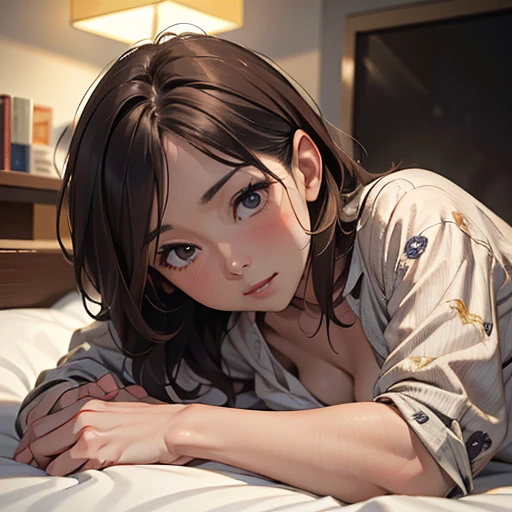 ((Realistic lighting, best qualtiy, 8k, tmasterpiece:1.3)), 1girl, Beautiful Women with Perfect Figure:1.4, Slim abs:1.1, ((dark brown hair)),（exteriors，during night：1.1），lie down on a bed，Ultra-fine face，Fine eyes，double eyelid，Leaks out the entire delicate breast, 40 years old, Japanese lady, wearing office casual , show whole body from top to legs, , ((realistic)), Clothes half come undone