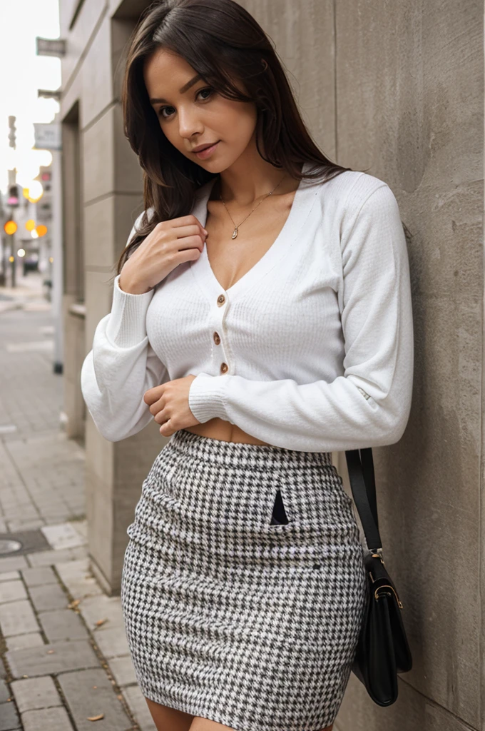 Fitted three fourth Sleeve White Cardigan tucked into houndstooth pencil skirt,