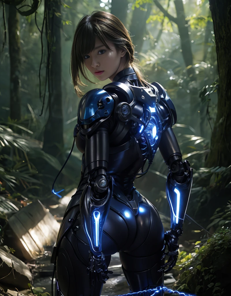 (1 Mechanical Girl)、top-quality、masterpiece、超A high resolution、, ((Very detailed eyes and face)))), (((Very detailed face)))), beautiful detailed eyes, detailed face, (Photorealsitic:1.4)、Raw photo、1人、、glowy skin、(((1 Mechanical Girl)))、With a beautiful knife、(Green Metal Bodysuit)、,(Fight fiercely against aliens)、Fight fiercely、(beautiful forest background)、(Small LED)、((super realistic details))、portlate、,globalillumination、Shadow、octan render、8K、ultrasharp、Colossal 、Raw skin is exposed in cleavage、metals、Details of complex ornaments、Japan details、highly intricate detail、Realistic light、(Mystical expression),CGSoation Trends、Blue eyes、radiant eyes、Facing the camera、neon detailechanical limbs)、(blood vessels connected to tubeechanical vertebrae attached to the back、mechanical cervical attaching to neck、(Wires and cables connecting to the head)、Gundam、Small LED、,Mechanical thighs、Toostock、(Hands are also made of machines)、(Attack of the Monster Beasts)、(Wounded in a deadly battle)、 (Thick thighs:1.3) , (PAWG body:1.3)