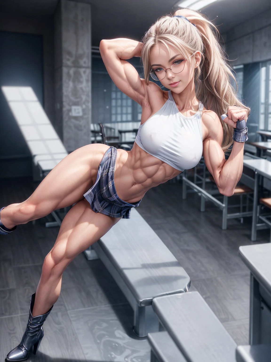 Cute, gorgeous, Caucasian girl, fit, (muscular:1.2), 20, (flexing biceps:1.5), abs, slender, slim, long flowing brown hair, blue eyes, glamorous, seductive, stunning, flawless, perfect, beautiful, cute, pretty, makeup, flirtatious smile, masterpiece, 8k, highly detailed, y, tight plaid skirt, tieite button up seductive smile, large breasts, firm uttocks, perfect assed curves, abs, wiher standing up slightly bent, high heel knee high boots, big glasses, (toned and defined muscles), high ponytail, wavy hair, leaning forward, indoor, classroom detention,(head to toe view), photo by arny freytag
