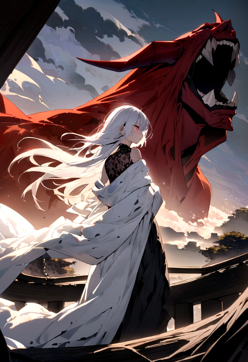 Please write a scene of a cute, classic Japanese red demon slightly scaring a woman on an old bridge.。The demon is completely covered in tattered white cloth.。Only the face is visible through the fabric.。Orientation is landscape。
