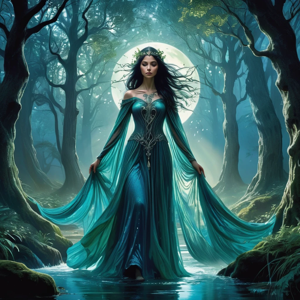 Amidst the ethereal glow of the Enchanted Forest, where ancient trees entwine with cascading vines that shimmer with bioluminescent hues, walks a lone figure—a young girl with flowing black hair that cascades down her back like a river of shadows. Her attire, a medieval dress of midnight blue embroidered with silver threads that catch the faint moonlight filtering through the dense canopy, blends harmoniously with the enchanted flora and fauna that surround her.

The girl moves with a grace born of familiarity with the forest's labyrinthine paths, her steps guided by an instinct honed through years spent amidst its mystical embrace. Around her, the air thrums with the whisper of arcane energies and the distant melody of woodland spirits that frolic among the ancient roots and shimmering leaves.

Unknown to the denizens of nearby villages, she is whispered about in hushed tones as the 'Guardian of the Grove'—a figure whose presence is said to bring luck to those who tread lightly upon the forest's sacred ground and misfortune to those who dare to desecrate its sanctity. Legends speak of her communion with the woodland spirits and her ability to harness the latent magic that courses through the Enchanted Forest.

As she traverses the forest's enchanting landscape, the girl encounters challenges that test her resolve and unveil the forest's hidden depths—a spectral guardian that bars her path, an ancient riddle whispered by a wise old oak, or a mysterious artifact that pulses with untapped power.

In a realm where nature and magic intertwine, the girl's journey through the Enchanted Forest becomes a testament to resilience, intuition, and the enduring connection between mortals and the natural world. Her back view against the backdrop of moonlit ferns and towering trees evokes a sense of wonder and mystery, inviting the reader to delve deeper into the secrets that lie within this medieval fantasy world."