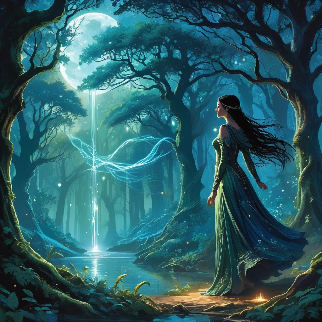 Amidst the ethereal glow of the Enchanted Forest, where ancient trees entwine with cascading vines that shimmer with bioluminescent hues, walks a lone figure—a young girl with flowing black hair that cascades down her back like a river of shadows. Her attire, a medieval dress of midnight blue embroidered with silver threads that catch the faint moonlight filtering through the dense canopy, blends harmoniously with the enchanted flora and fauna that surround her.
The girl moves with a grace born of familiarity with the forest's labyrinthine paths, her steps guided by an instinct honed through years spent amidst its mystical embrace. Around her, the air thrums with the whisper of arcane energies and the distant melody of woodland spirits that frolic among the ancient roots and shimmering leaves.
Unknown to the denizens of nearby villages, she is whispered about in hushed tones as the 'Guardian of the Grove'—a figure whose presence is said to bring luck to those who tread lightly upon the forest's sacred ground and misfortune to those who dare to desecrate its sanctity. Legends speak of her communion with the woodland spirits and her ability to harness the latent magic that courses through the Enchanted Forest.
As she traverses the forest's enchanting landscape, the girl encounters challenges that test her resolve and unveil the forest's hidden depths—a spectral guardian that bars her path, an ancient riddle whispered by a wise old oak, or a mysterious artifact that pulses with untapped power.
In a realm where nature and magic intertwine, the girl's journey through the Enchanted Forest becomes a testament to resilience, intuition, and the enduring connection between mortals and the natural world. Her back view against the backdrop of moonlit ferns and towering trees evokes a sense of wonder and mystery, inviting the reader to delve deeper into the secrets that lie within this medieval fantasy world."