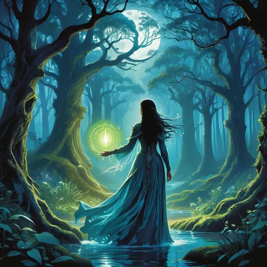 Amidst the ethereal glow of the Enchanted Forest, where ancient trees entwine with cascading vines that shimmer with bioluminescent hues, walks a lone figure—a young girl with flowing black hair that cascades down her back like a river of shadows. Her attire, a medieval dress of midnight blue embroidered with silver threads that catch the faint moonlight filtering through the dense canopy, blends harmoniously with the enchanted flora and fauna that surround her.
The girl moves with a grace born of familiarity with the forest's labyrinthine paths, her steps guided by an instinct honed through years spent amidst its mystical embrace. Around her, the air thrums with the whisper of arcane energies and the distant melody of woodland spirits that frolic among the ancient roots and shimmering leaves.
Unknown to the denizens of nearby villages, she is whispered about in hushed tones as the 'Guardian of the Grove'—a figure whose presence is said to bring luck to those who tread lightly upon the forest's sacred ground and misfortune to those who dare to desecrate its sanctity. Legends speak of her communion with the woodland spirits and her ability to harness the latent magic that courses through the Enchanted Forest.
As she traverses the forest's enchanting landscape, the girl encounters challenges that test her resolve and unveil the forest's hidden depths—a spectral guardian that bars her path, an ancient riddle whispered by a wise old oak, or a mysterious artifact that pulses with untapped power.
In a realm where nature and magic intertwine, the girl's journey through the Enchanted Forest becomes a testament to resilience, intuition, and the enduring connection between mortals and the natural world. Her back view against the backdrop of moonlit ferns and towering trees evokes a sense of wonder and mystery, inviting the reader to delve deeper into the secrets that lie within this medieval fantasy world."