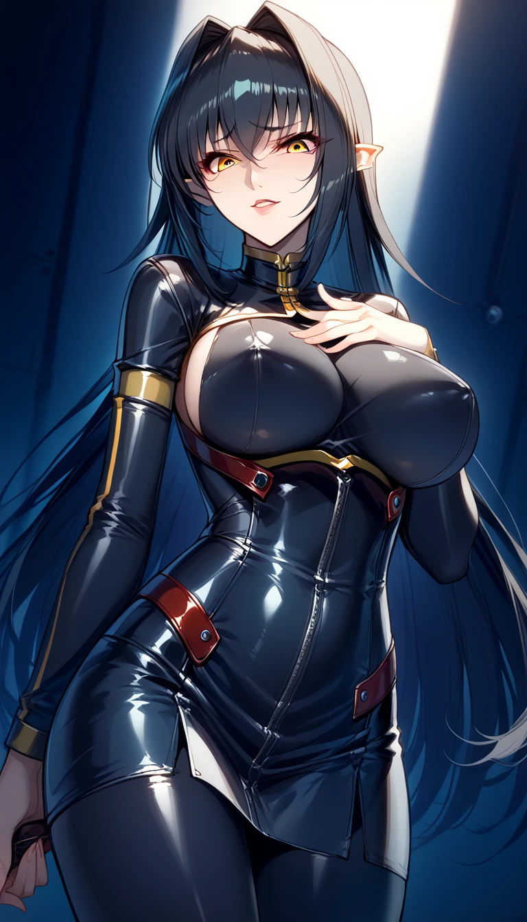 score_9, score_8_superior, score_7_superior, score_6_superior, score_5_superior, break,
Annerose is clutching her chest.,
Pointed Ears, One girl, alone, Cowboy Shot,
View your viewers, Part your lips, confidence, confidenceがある, Excited expression,
Black Hair, Long Hair, Yellow Eyes,
Black bodysuit, turtleneck, Side bust, Fits perfectly to the skin, High heels, Shiny,
Curvy, Large Breasts, Thighs,