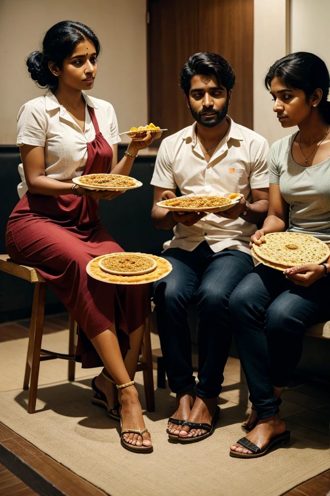 Four persons sitting and eating dosa. Cinematic