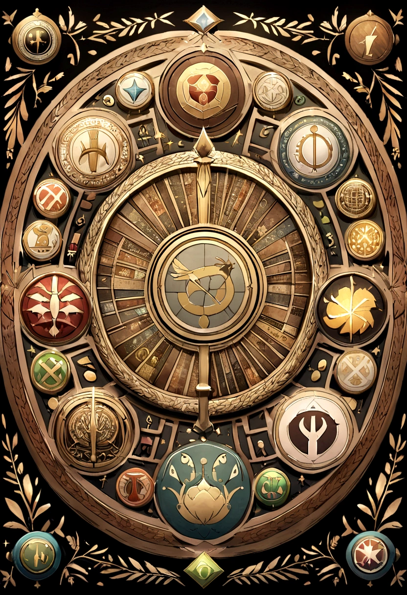 （Facebook page Logo badge design)，silver medal，Flat 2D Effects, Wheat border ears，(In the center of the medallion are combined design of Alphabets M,M、There is an icon at the intersection of the Alphabet "M")、sword and magic, design in circular shape.
