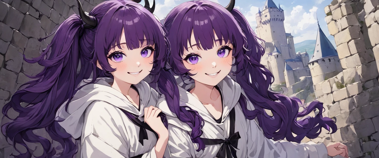 cheerful boy aristocrat open forehead. dark purple hair braided in a ponytail on the left side to one side. sinuous black horns wrapped in dark purple ribbon. pale violet eyes. in short dark purple shorts. long white T-shirt. dark purple knee-high socks. a white long robe with a hood flutters in the wind. black ancient stone walls of the castle purple light from lamps with gold ornaments, heterochromia, long curly hair, pale skin, I look at the viewer, closed mouth, bright smile, Beautiful, extremely detailed eye, Absolutely amazing art, extremely detailed, Digital art of the highest quality, full length, old piano, ancient walls of a stone castle