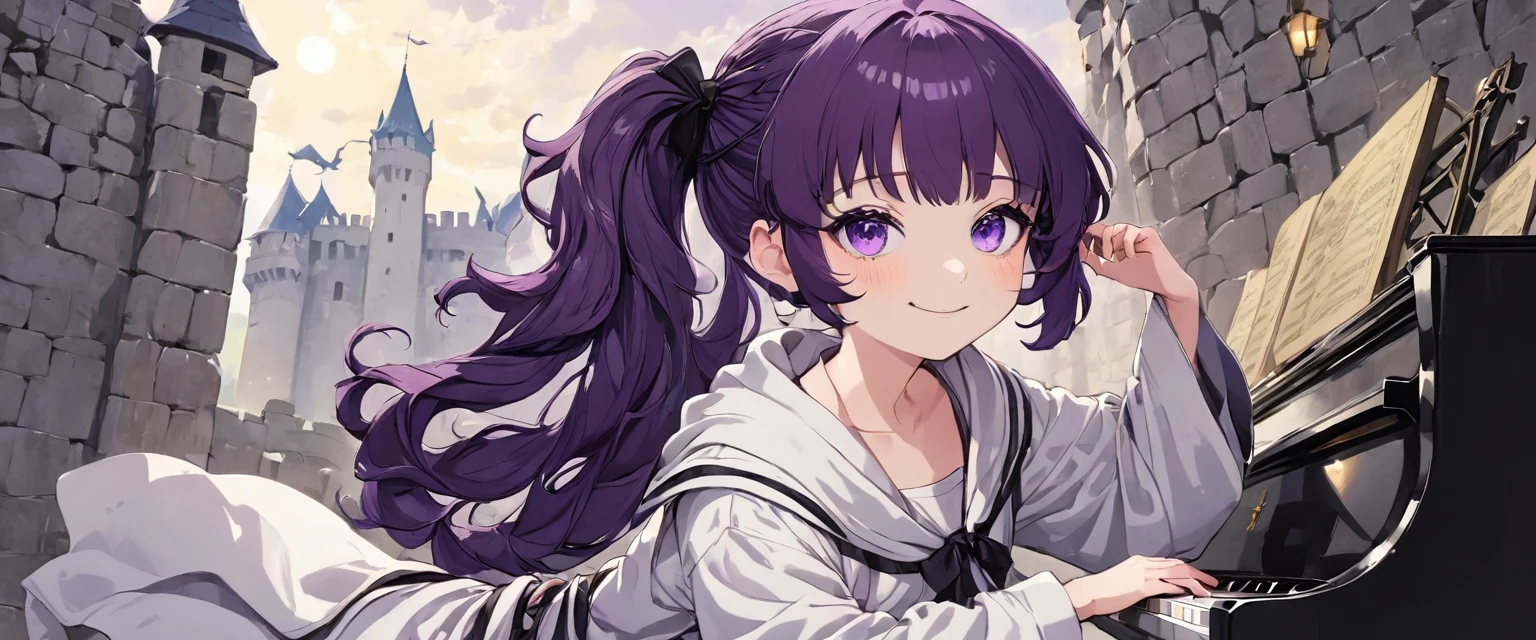 cheerful boy aristocrat open forehead. dark purple hair braided in a ponytail on the left side to one side. sinuous black horns wrapped in dark purple ribbon. pale violet eyes. in short dark purple shorts. long white T-shirt. dark purple knee-high socks. a white long robe with a hood flutters in the wind. black ancient stone walls of the castle purple light from lamps with gold ornaments, heterochromia, long curly hair, pale skin, I look at the viewer, closed mouth, bright smile, Beautiful, extremely detailed eye, Absolutely amazing art, extremely detailed, Digital art of the highest quality, full length, old piano, ancient walls of a stone castle